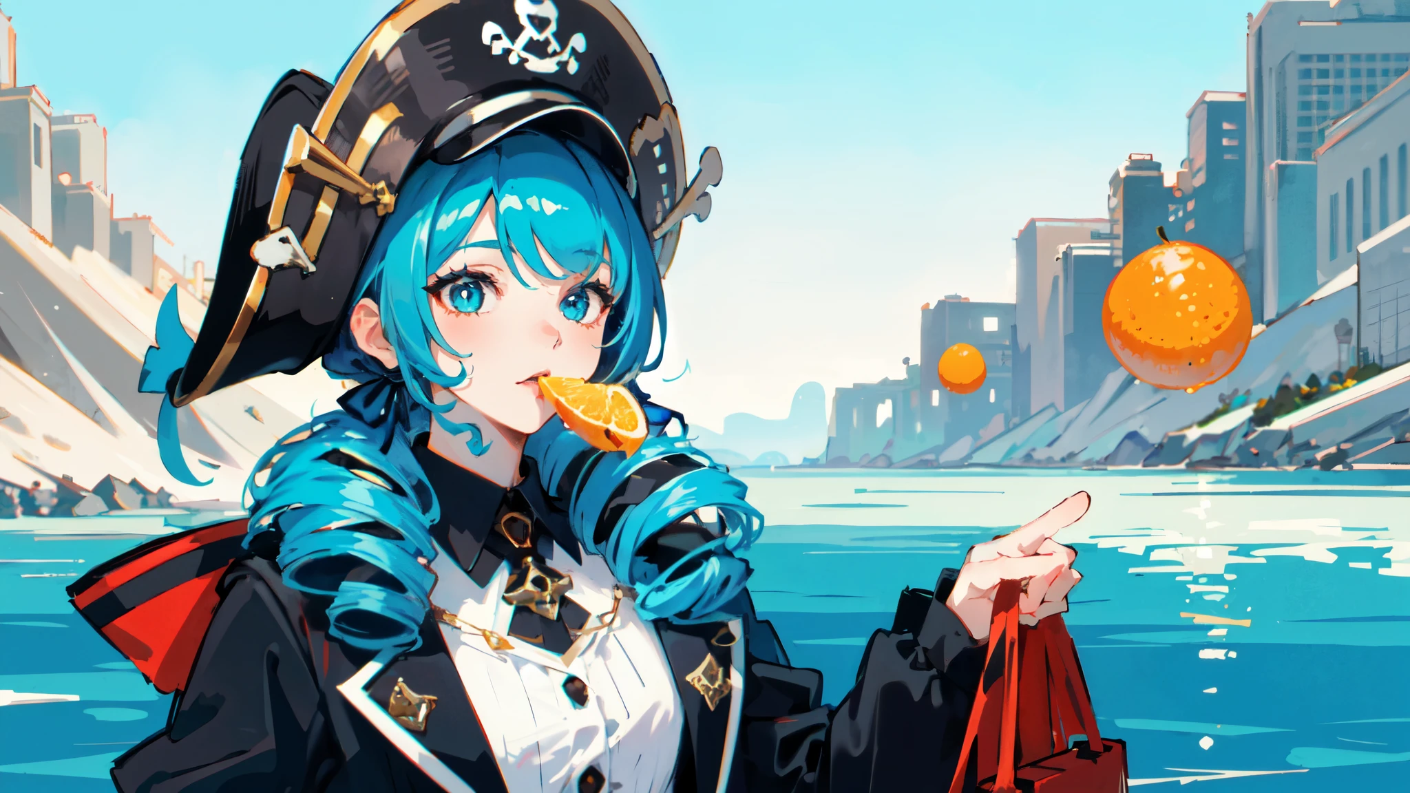 1 girl,solo, masterpiece, best quality,,Pirate hat,On deck,Eat oranges,perfect lighting, Double tail, drill hair, blue hair, blue eyes, Gwen,