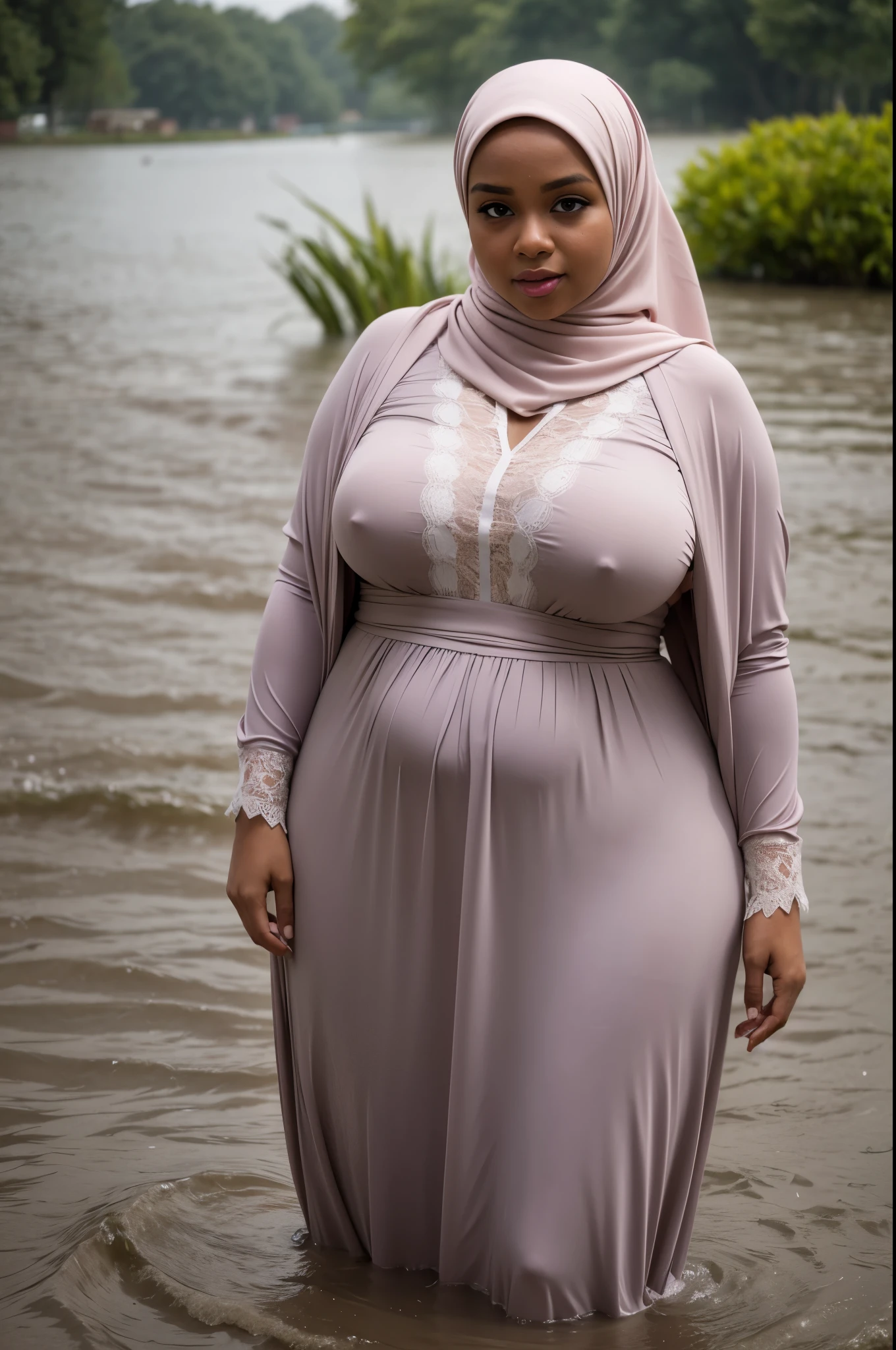 Dark skin Hijab teen girl chubby bbw, white lace, Playing in deep flood water, Big and wide back