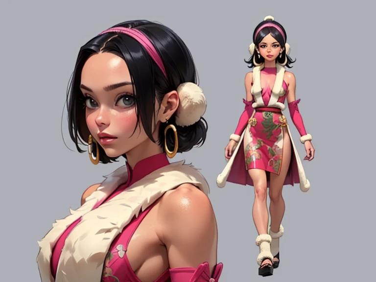 ((masterpiece)),(((best quality))),((character design sheet)), ((full body view)) ((american girl)) mature face, Well-defined cheekbones, High cheekbones, illustration, native girl, muscular, ((Detailed face:1.4)) beautiful woman, (Tassel clothing:1.4), (Thick fur leg warmers:1.6), (beaded moccasins:1.4) (ribbon dress:1.3) , shiny skin, Doodles and tags,(puffy lips:1.4) , rough sketch, huge, 8K,16k, ( background, white background: 1.3) white and blue color palette, brown legs, brown arm, brown face