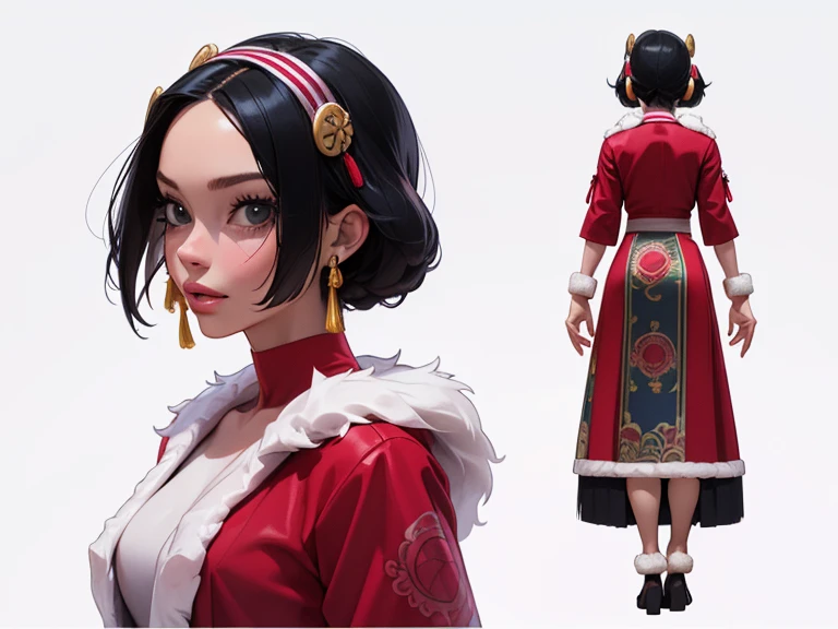 ((masterpiece)),(((best quality))),((character design sheet)), ((full body view)) ((american girl)) mature face, Well-defined cheekbones, High cheekbones, illustration, native girl, muscular, ((Detailed face:1.4)) beautiful woman, (Tassel clothing:1.4), (Thick fur leg warmers:1.6), (beaded moccasins:1.4) (ribbon dress:1.3) , shiny skin, Doodles and tags,(puffy lips:1.4) , rough sketch, huge, 8K,16k, ( background, white background: 1.3) white and blue color palette, brown legs, brown arm, brown face