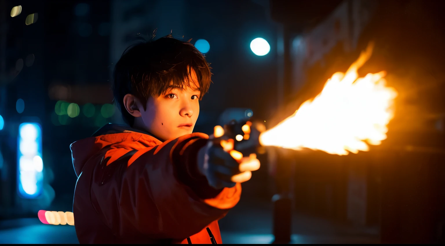 A boy from behind releases huge flame magic from his hands in Cyber City at night.