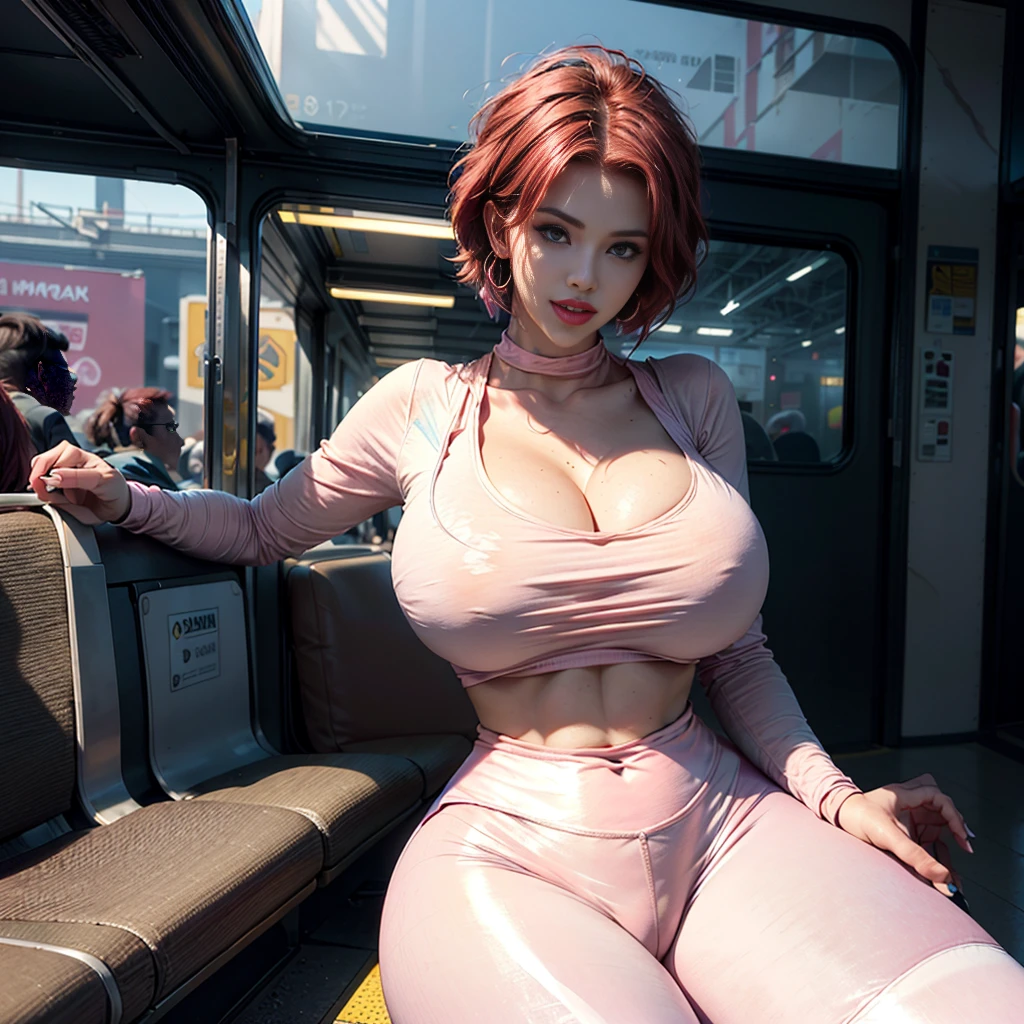 UHD, Photo realistic,8K, cinematic, natural ligths, anisotropic filtering, shadow mapping,((Photo realistic: 1.4)),super-resolution, super-quality, super-details, pós-processing, filme grain, Fujifilm xt3, delineate, highly details, sharpness, deep off field, unreal engine 5, contour, RAW, TXAA, FXAA, VFX, CFX, octane render, megapixel, ambient occlusion, Surface scattering, soft ligths, effects, cloning lens,perfect face,perfect body,((solo American model woman in a train station sitting waiting)),((semi-unbuttoned white shirt: 1.3)),((pink leggings: 1.4)),((bimbo lips : 1.3)),((big breasts: 1.5)),solo woman, cleavage,fashion vibes,((short red hair: 1.3)),((pale skin : 1.3)),((Big Black eyes: 1.1)),((earrings on ear: 1.1)),((sexy smile: 1.1)).