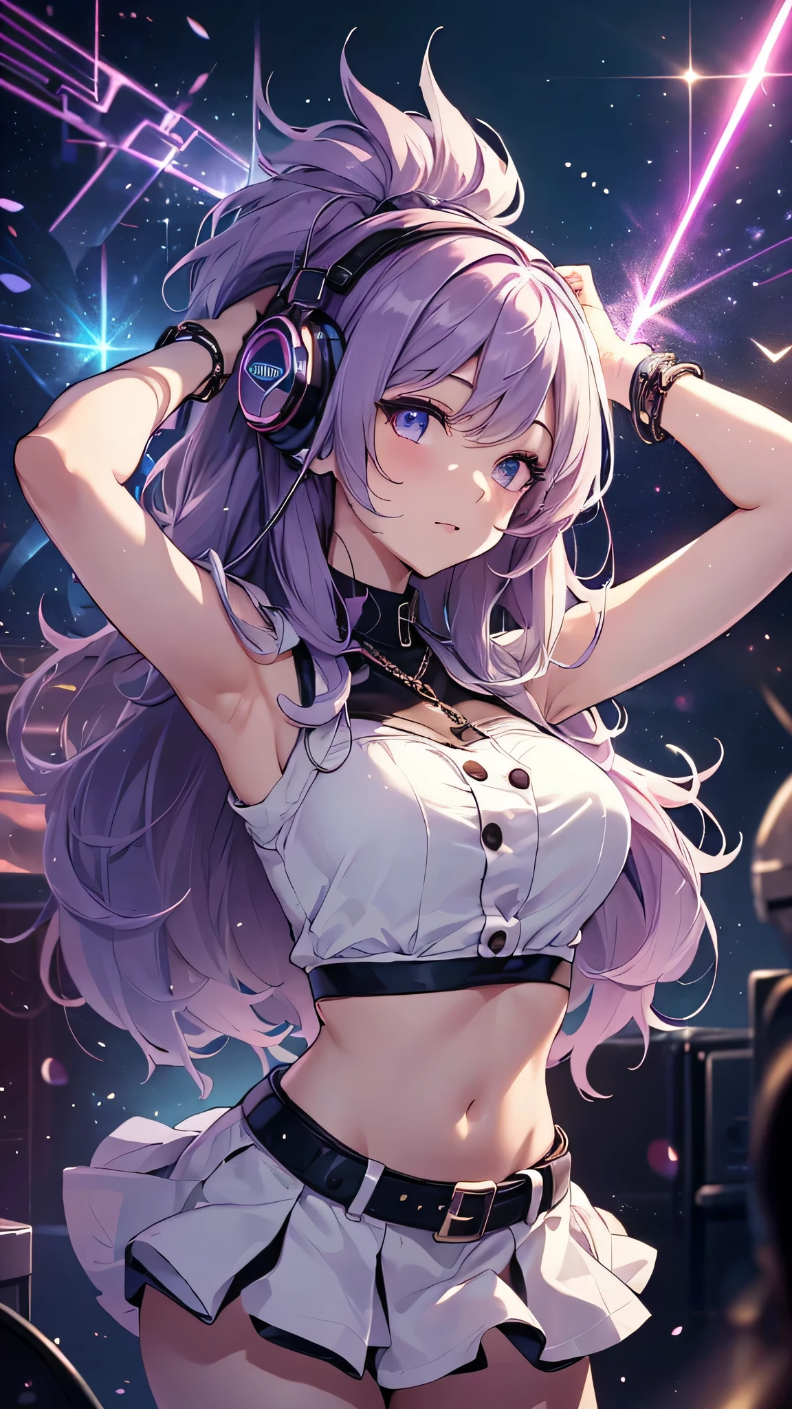 highest quality、Highest image quality、masterpiece、teenage girl((18-year-old、 Agar、vest bust、medium bust,wide open breast tea、purple eyes, purple hair、long hair、slender,highest valley、cute makeup、black nail polish、white short skirt、Looks like fun、have a guitar、black spats、fluttering hair、red belly button tank top、chain accessories、DJ、headphones)),high quality、beautiful art、background((night live house、red laser light、blue laser light、random laser points、Virtual space、golden laser beam、purple laser light、DJ、live stage)),muste piece、Depth of written boundary、movie、visual art、perfect art、