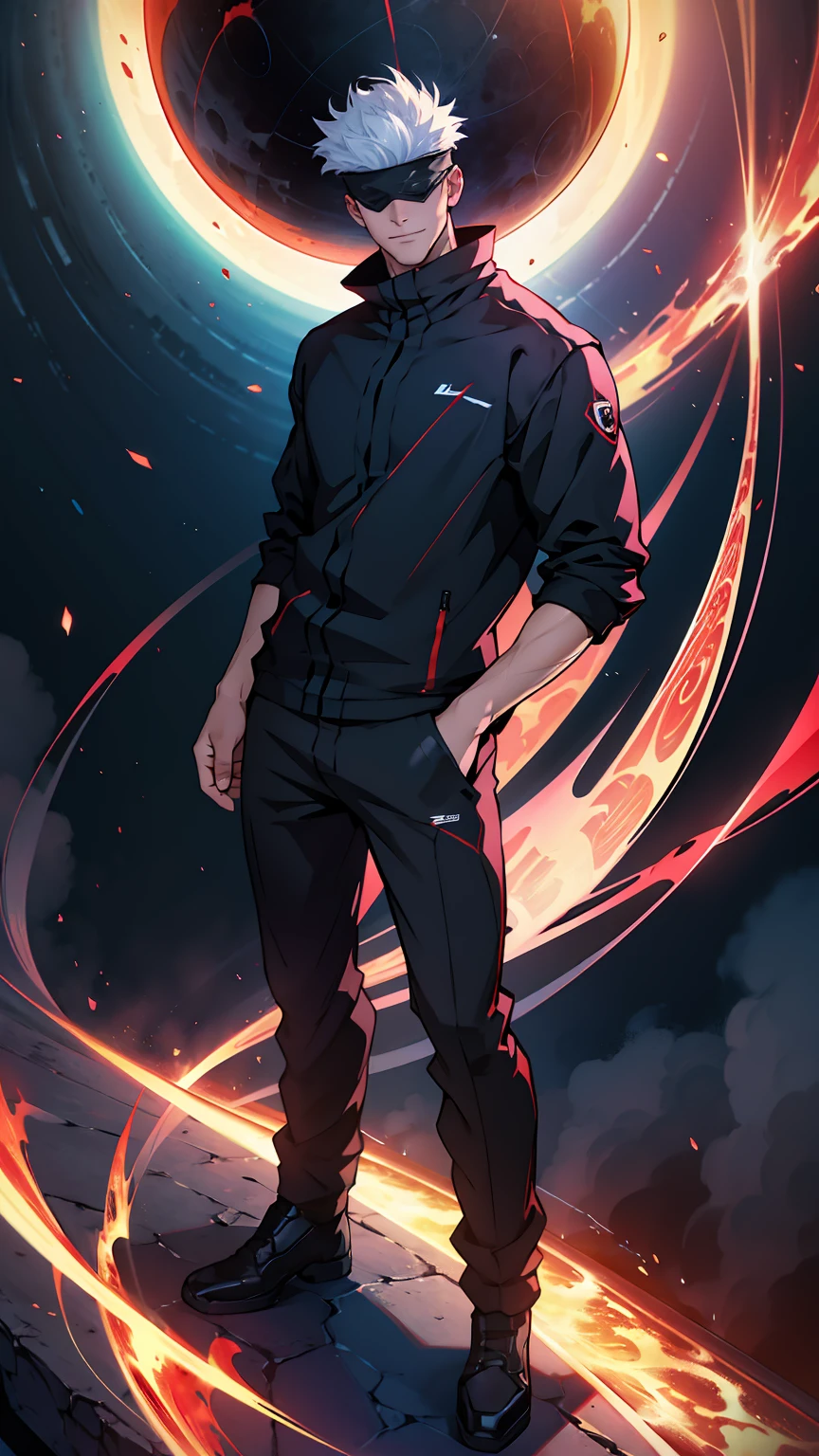 1boy, full body shot, satoru gojo, blindfold, black outfit, white hair, standing, red magic energy ball in right,blue magic energy ball in left, smirk, red and blue aura background, wallpaper, cinematic,High resolution 8K, Bright light illumination, lens flare, sharpness, masterpiece, top-quality, The ultra -The high-definition, high resolution, extremely details CG, Anime style, Film Portrait Photography,