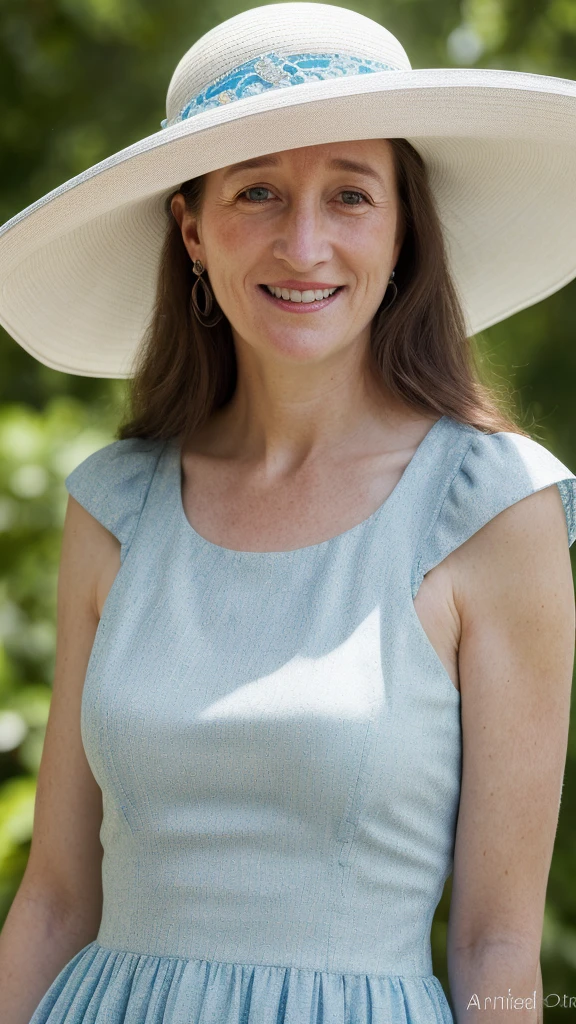 smiling woman wearing a hat with a blue band around the brim, this person does not exist, wearing a travel hat, wearing a white sun dress, annette o'toole-princess diana-maria doyle kennedy merged, entire body visible, full body, hyperrealistic, best quality, 8K, real human skin, masterpiece, extremely intricate, medium closeup, detailed eyes, detailed face, detailed body, exaggerated features, pronounced features