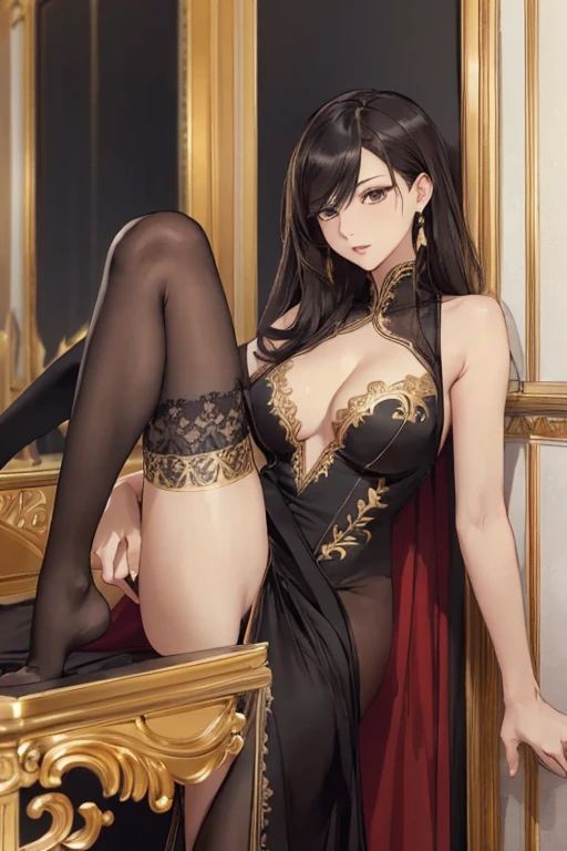 ((masterpiece)),(top quality),(best quality),(((ultra-detailed , 8k quality))), (large masterpiece digital art), (detailed manga ilustration) ,(detailed line art) ,((perfect anatomy)), extremely detailed body, extremely detailed legs, perfect legs, BREAK, Lady wearing a ((long elegant black split-leg dress with extreme golden embroidery)) with matching stockings.