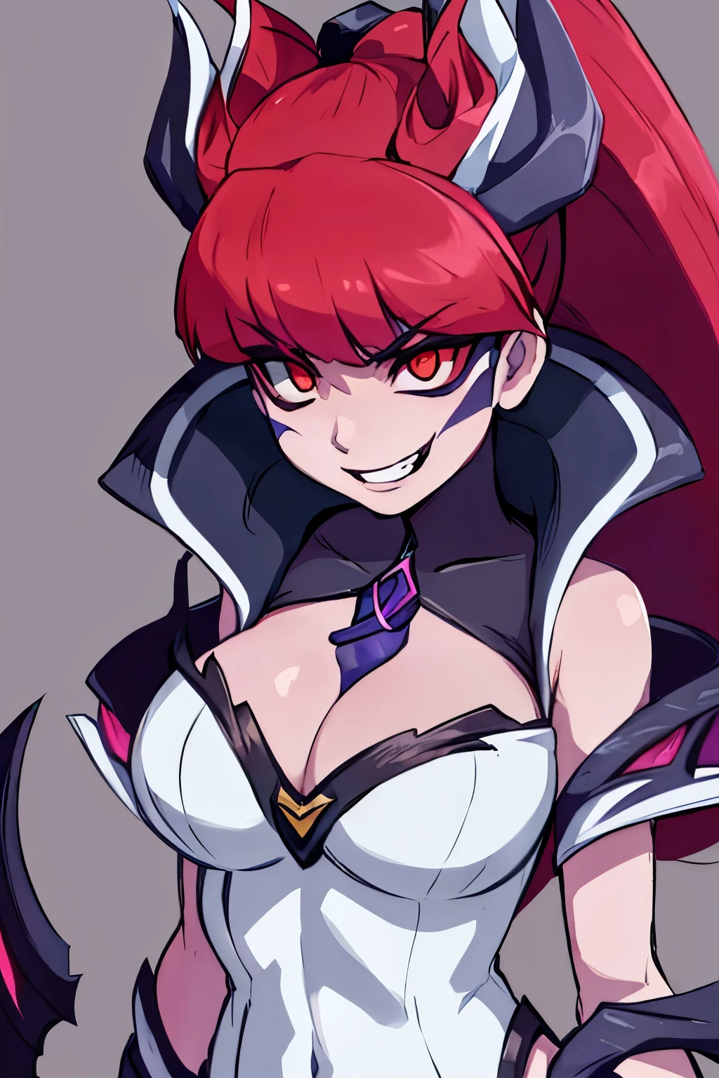 Zyra - Crime City Nightmare- League of Legends a high definition, 8k, Cara detallada, agarrando su pecho, mostrando su pecho, delgado y delgado, body of equal proportion in his chest)), Front view, cuatro dedos y 1 pulgar, ((2 manos de cabello rojo, sonrisa maligna, facial expression evil at viewer, Mejillas sonrojadas, cabello rojo,