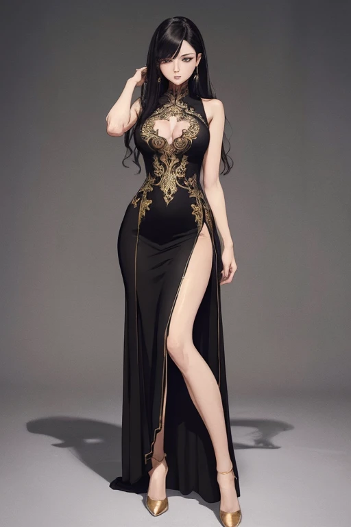 ((masterpiece)),(top quality),(best quality),(((ultra-detailed , 8k quality))), (large masterpiece digital art), (detailed manga ilustration) ,(detailed line art) ,((perfect anatomy)), extremely detailed body, extremely detailed legs, perfect legs, BREAK, Lady wearing a ((long elegant black split-leg dress with extreme golden embroidery)) with matching stockings.