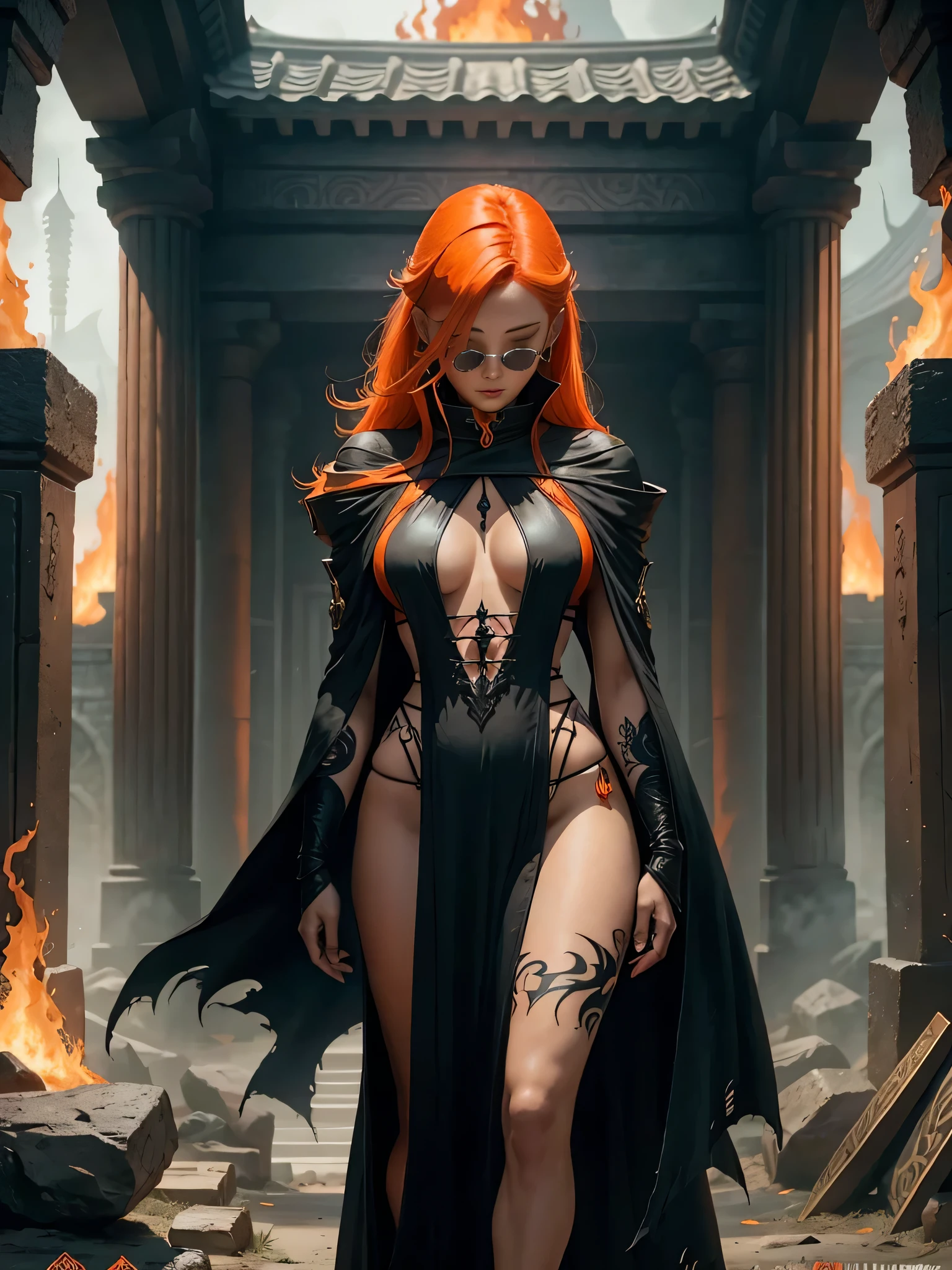Temple of Fire,a female mage,orange hair,Torn black mage robe,Perfect body,Microkini,full body tattoo