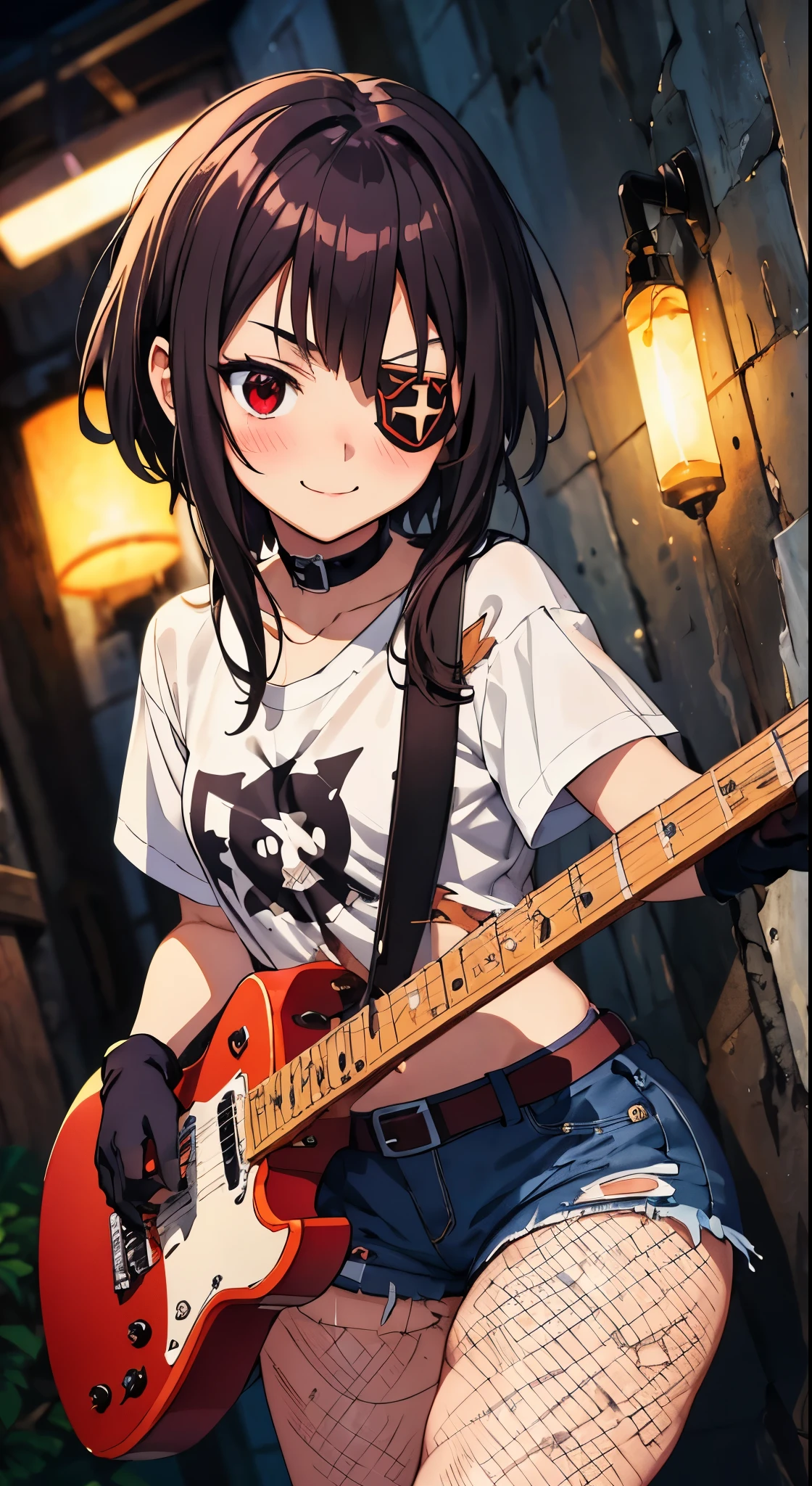 master piece, best quality, ultra high resolution, 最high quality, anime style, best writing, beautiful face, masterpiece, 最high quality, high quality, short hair with long hair,bangs,chest ,  face focus, blush, best smile, black metal band t-shirt, denim shorts, barbed leather gloves, holding electric guitar, torn fishnet tights, red eyepatch, cross mark eyepatch