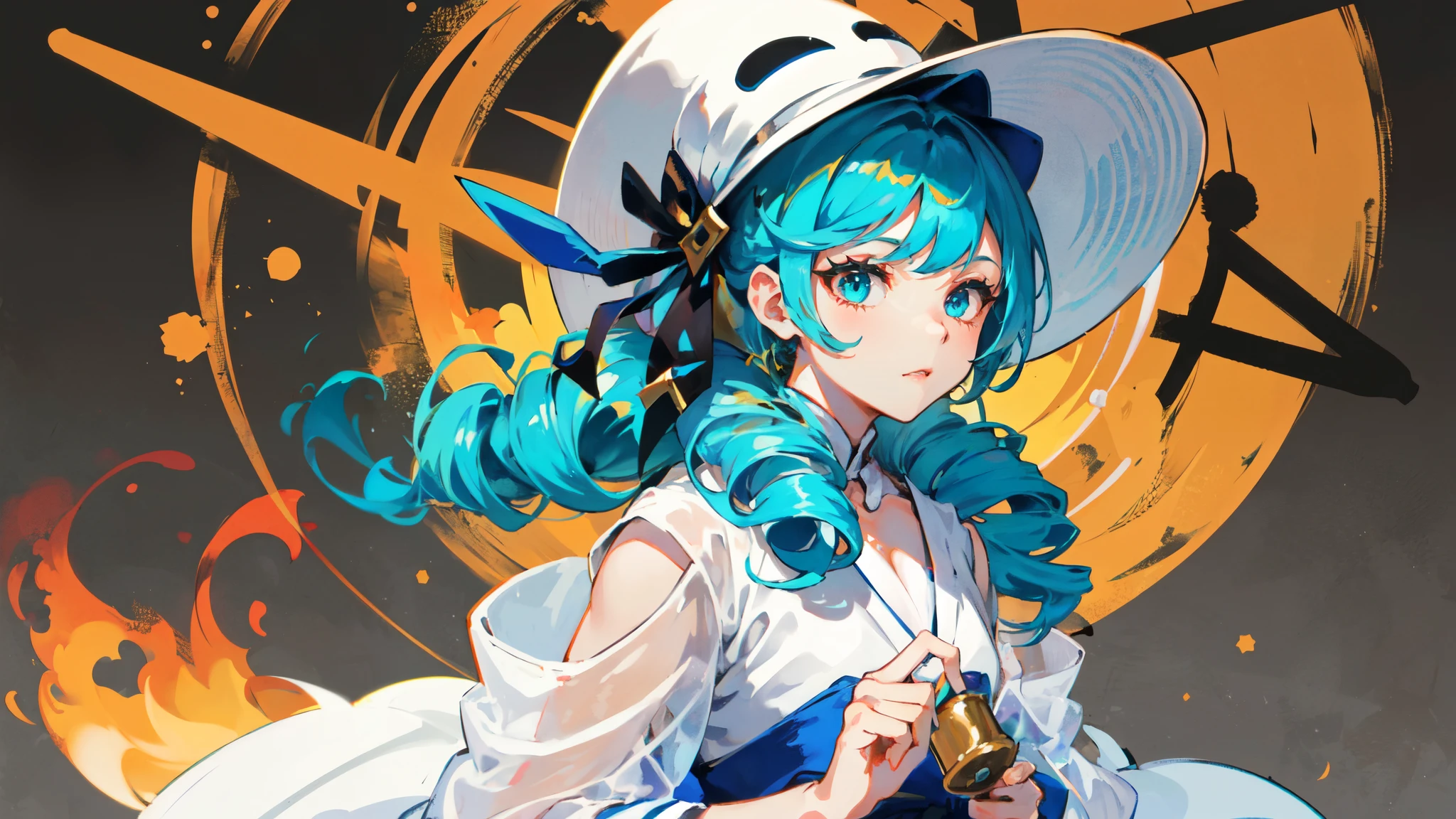 1 girl,solo, masterpiece, best quality,Chinese martial artamboo forest,kaftan,bucket-hat,perfect lighting, Double tail, drill hair, blue hair, blue eyes, Gwen,