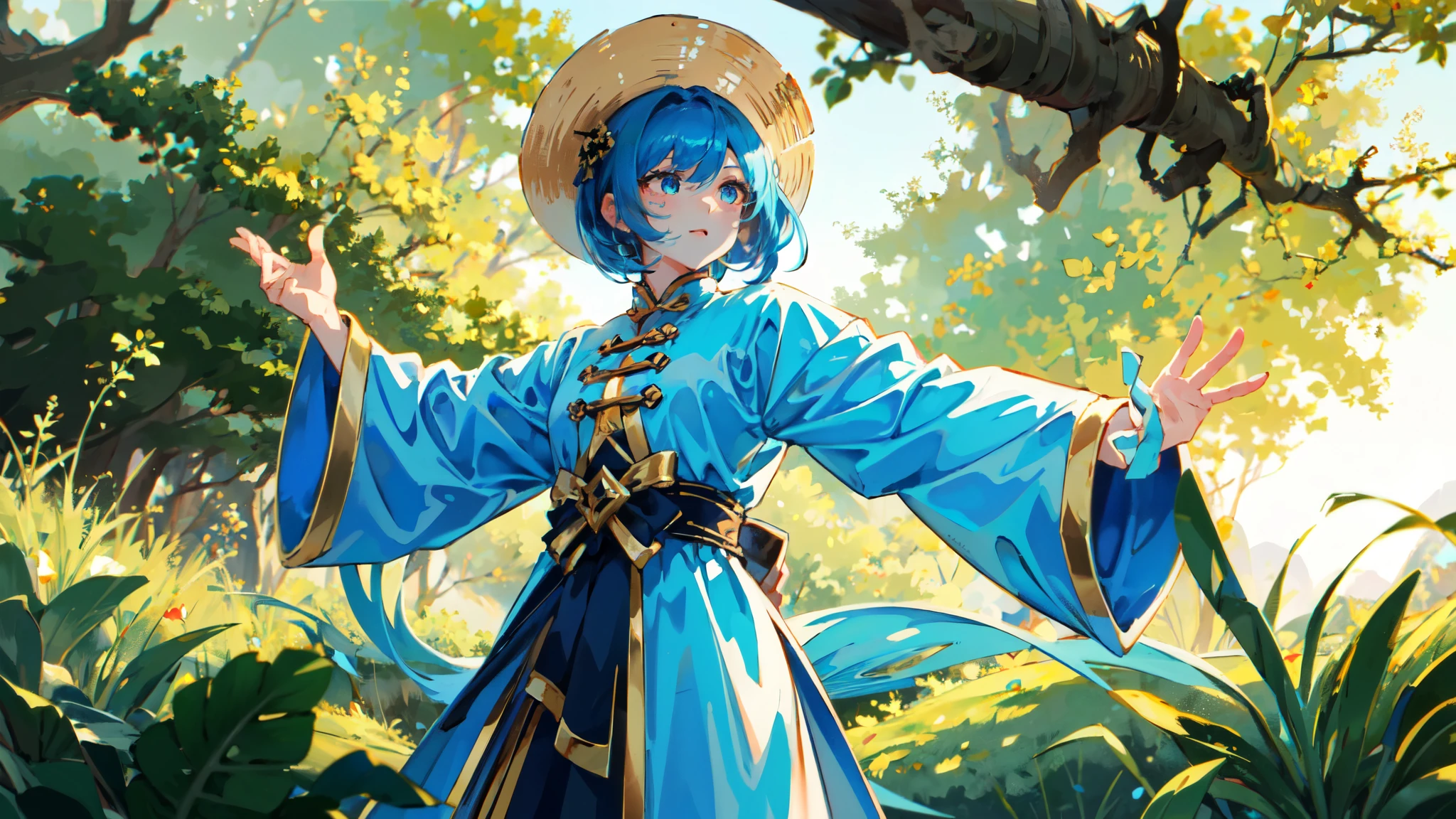 1 girl,solo, masterpiece, best quality,Chinese martial artamboo forest，kaftan，bucket-hat，perfect lighting, Double tail, drill hair, blue hair, blue eyes, Gwen, 