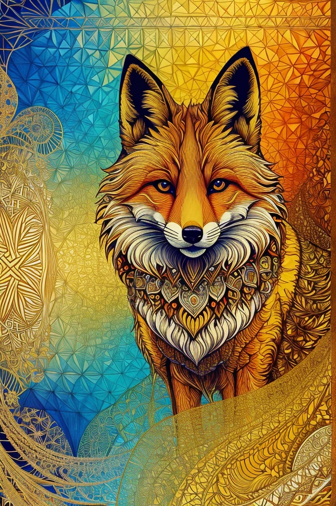 Beautiful fluffy haired Fox, Sandi Sylvestre mixed fractal zentangle abstract abstract vector fractal, wave function, shading abstract art complementary colors fine details, golden ratio, symmetrical, rule of thirds, geometric bauhaus
