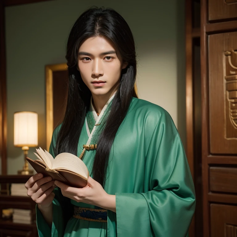 Ancient Chinese Immortality Novels,male asian,Personable,Handsome,Jade fan in hand,long hair,A noble man in ancient costume