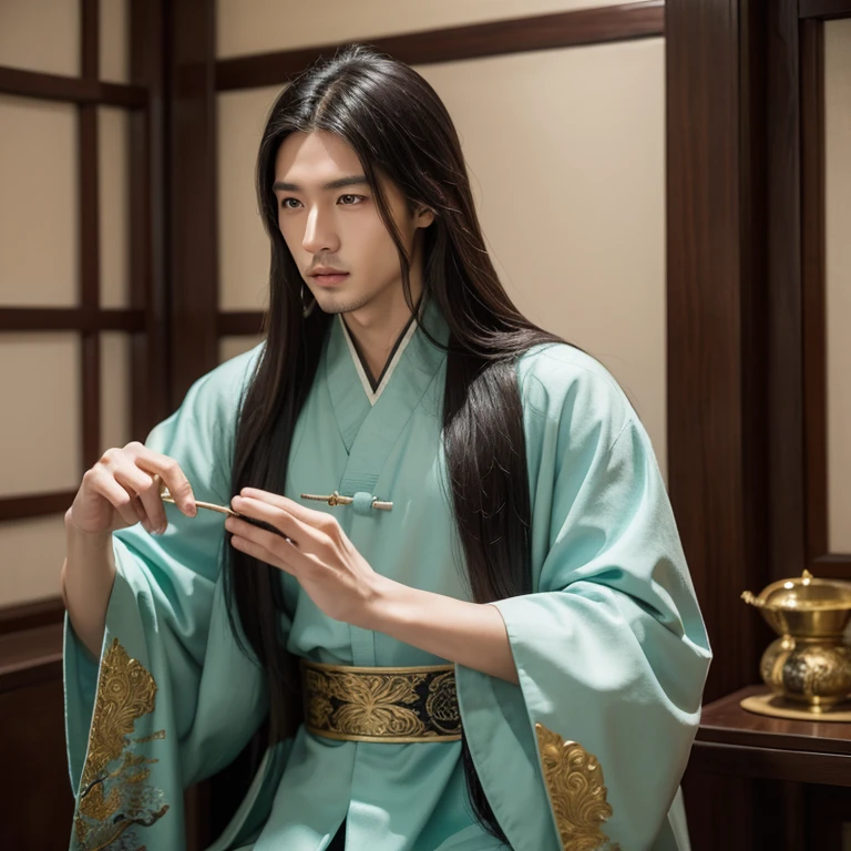 Ancient Chinese Immortality Novels，male asian，Personable，Handsome，Jade fan in hand，long hair，A noble man in ancient costume