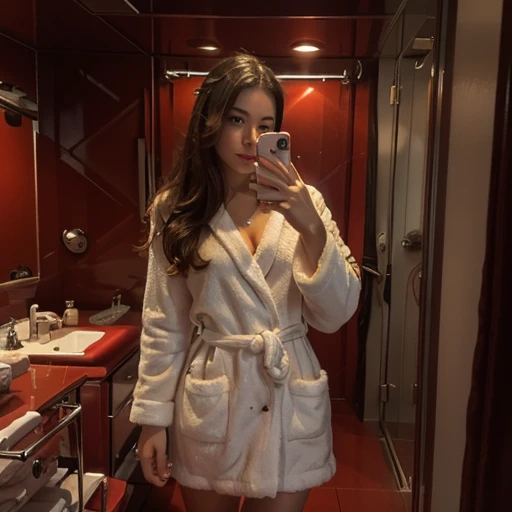 woman in red and white bathrobe, selfie from mirror