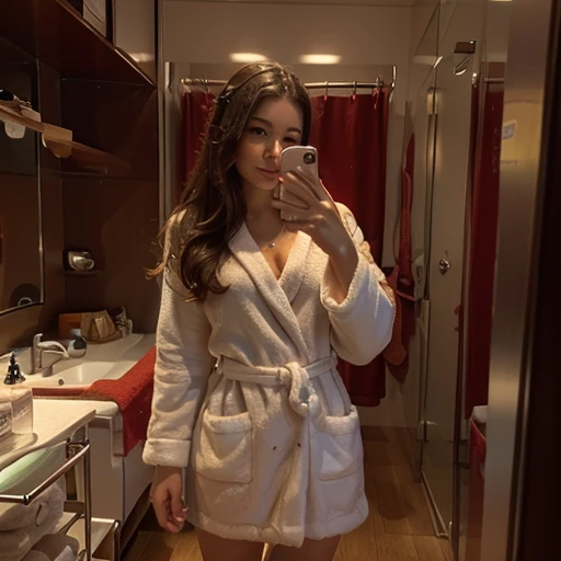 woman in red and white bathrobe, selfie from mirror