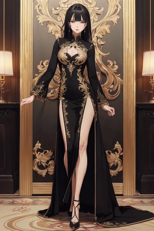 ((masterpiece)),(top quality),(best quality),(((ultra-detailed , 8k quality))), (large masterpiece digital art), (detailed manga ilustration) ,(detailed line art) ,((perfect anatomy)), extremely detailed body, extremely detailed legs, perfect legs, BREAK, Lady wearing a ((long elegant black split-leg dress with extreme golden embroidery)) with matching stockings.