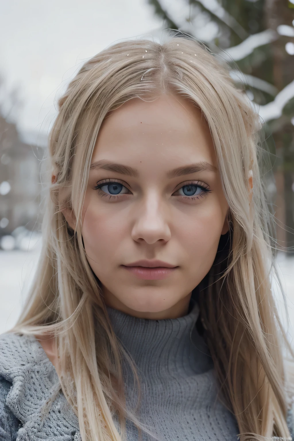 A photorealistic portrait of beautiful skinny 25 years old nordic girl. She's looking in the camera from the front. She must have long blonde platinum hair, ntanned skin, small blue-grey eyes, small nose, less make-up possible on her face, with nord europe traits. Background should be a snowy garden. Capture this image with a high-resolution photograph using a 85mm lens for a flattering perspective.
