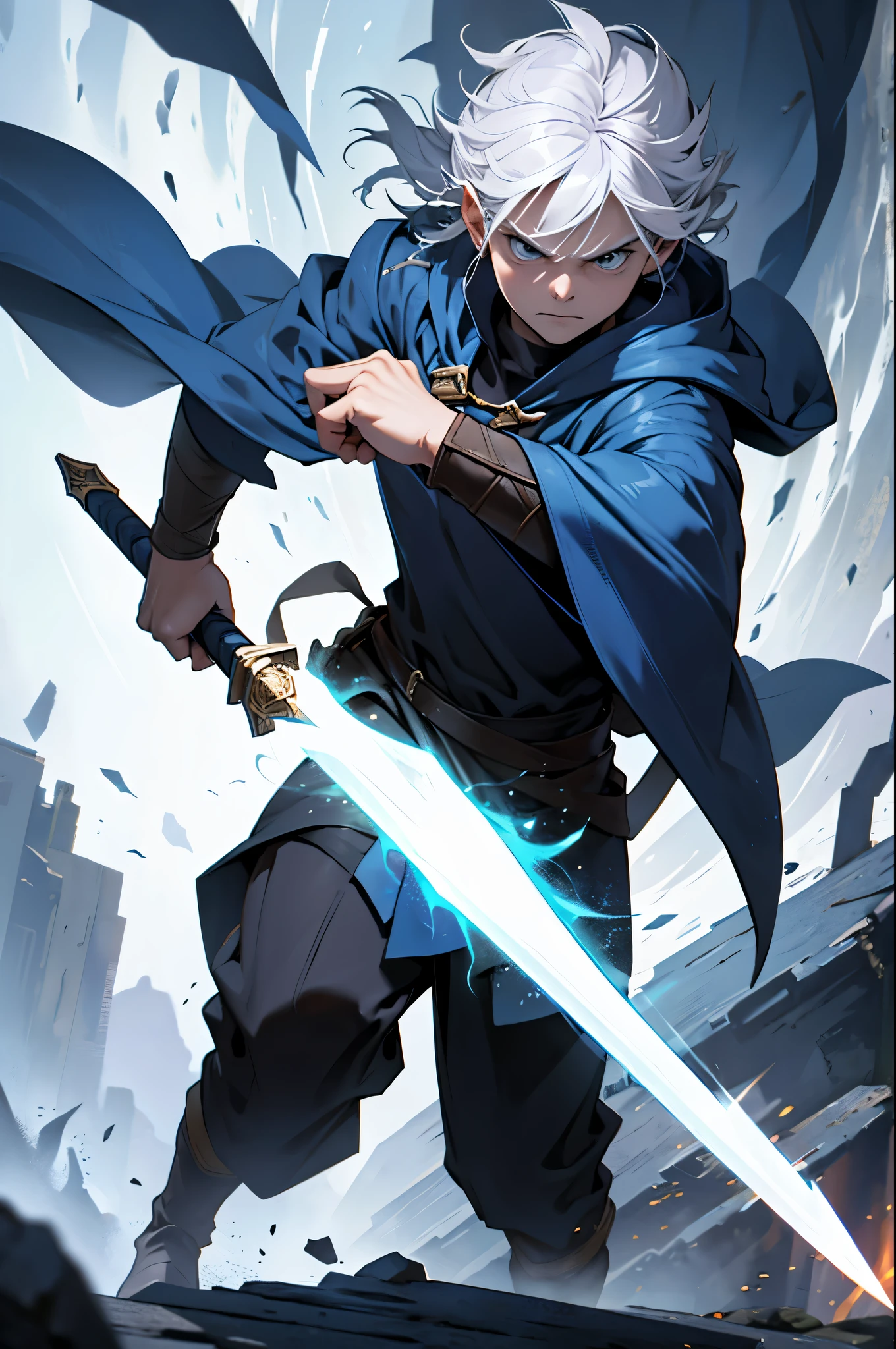 (Magic:1.1), in full height, (Solo person:1.3), (mage:1.2), A young, has weapon, with artifact, angry