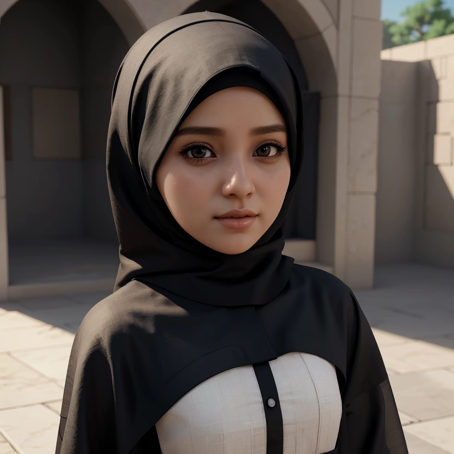 There is a little doll with muslim headscarf wearing arabic abaya, cute 3d rendering, little islamic girl looking up, portrait anime muslim girl, cute 3d muslim girl rendering, cute detailed digital art, modest islamic girl wearimg arabic abaya,3d rendering stylized, 3d rendered character art 8k, cute digital painting, anime style 3d, super detailed rendering