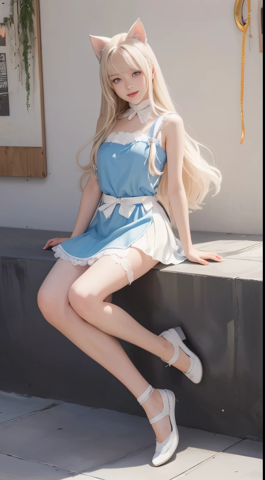 Beautiful realistic girl HD: long white hair tied with three-strand bangs and blue eyes, red fitted dress. full body image. fund: baile