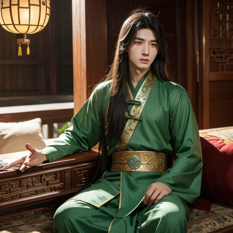 Ancient Chinese Immortality Novels，Male Asian 20 years old，Personable，Handsome，Jade fan in hand，long hair，A noble man in ancient costume