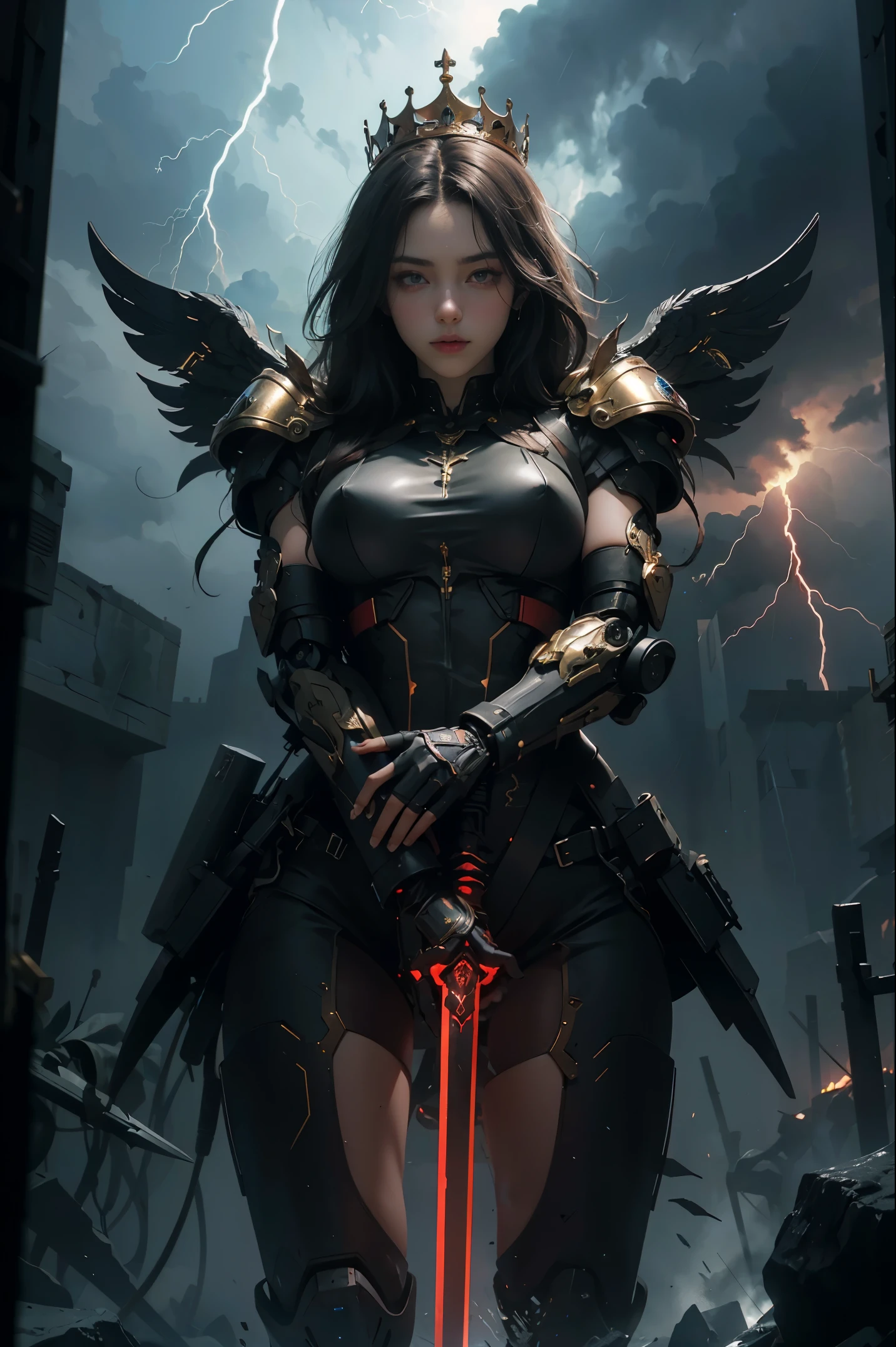 winged gold gigantic Ultra digital humanoid strongest futuristic robot,and Its right hands holding huge long sword. and red digital front screen display the text "Serang Banten" with LED light,and futuristic king crown on it head, flying with heavy shining plated armor lot of storm in it body, and green lightning,red led light in it bod,dark background the crowd soldier, top view and it eye look to camera 4K quality photo, NSFW