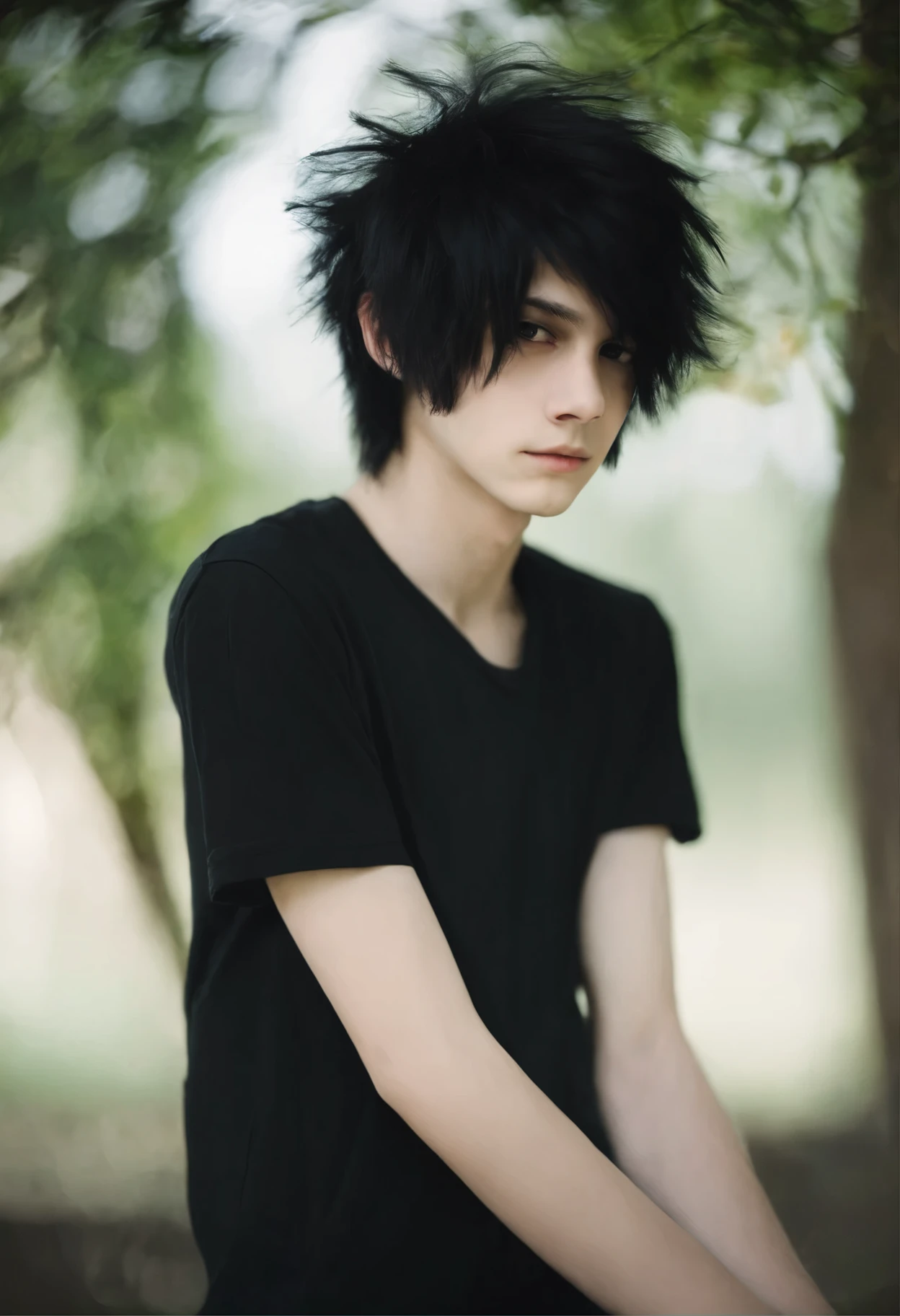 teenager 14 years, emo hair, black hair color, pale skin, effeminate boy, men, casual clothing, emo, skinny, good lighting