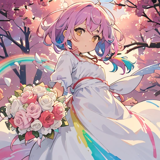 girl、provide large watercolor dyes、large colorful bouquet、amazing dynamism、amazing angle、Pastel sandstorm of unstable buoyancy、(((A lot of gentle oversized cotton is closely connected and chased.)))、((surround each other'branched rainbow cotton))、