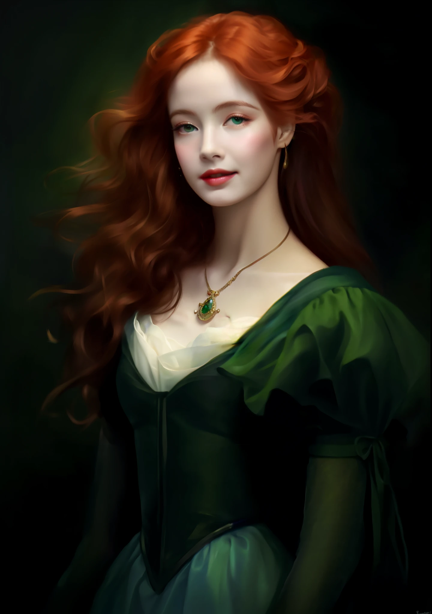 un cuadro de una mujer pelirroja y vestido verde, hermosa pintura de personajes, Portrait of Princess Merida, charlie bowater ricos colores profundos, fantasy portrait art, arte de personajes de charlie bowater, in bowater art style, beautiful fantasy art portrait, impresionante arte de personajes, fantasy art portrait, fantasy characture portrait, Estilo de Charlie Bowater