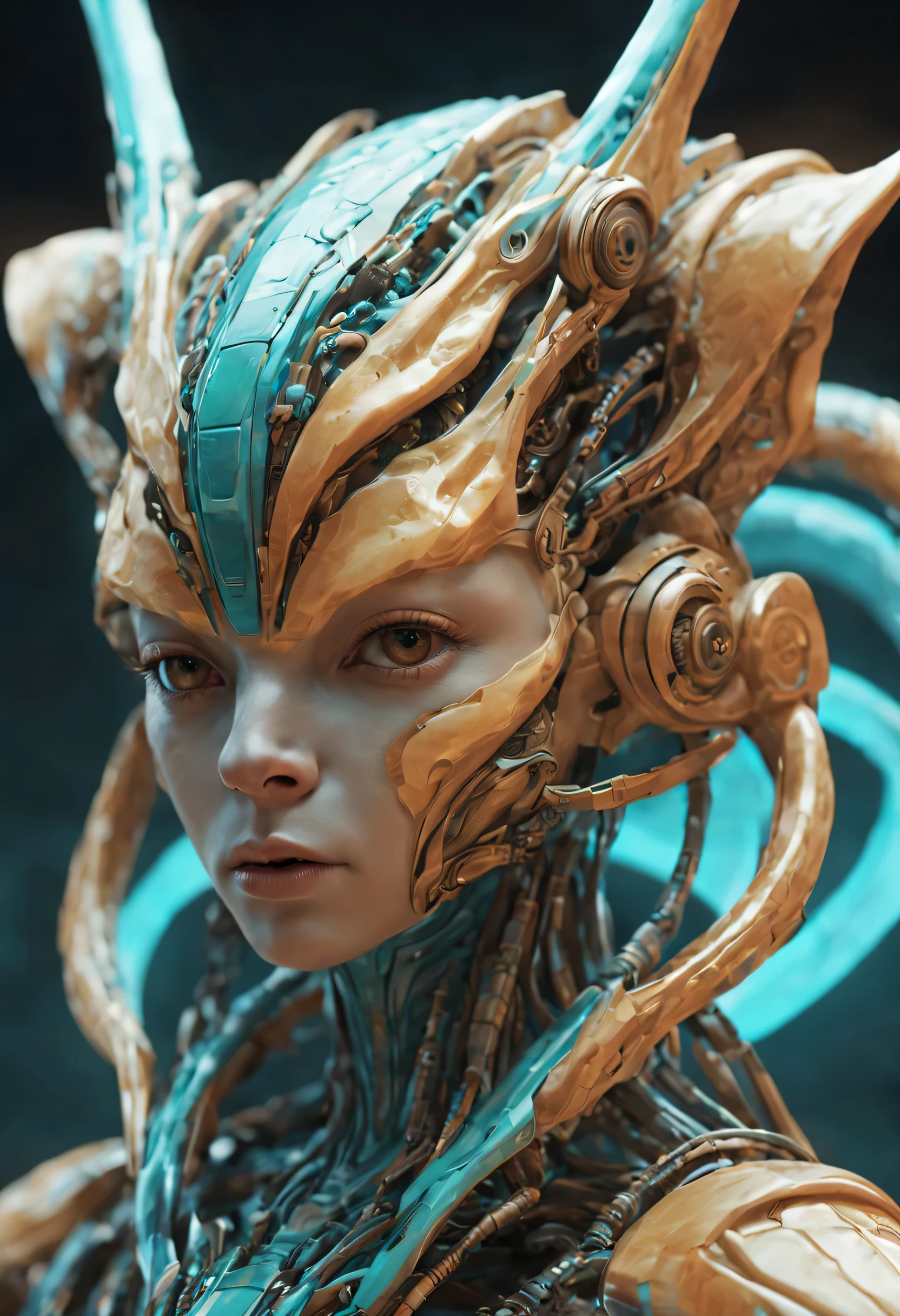 alien cyborg art, in the style of balanced symmetry, light orange and cyan, detailed facial features, manticore, organic forms, muted tones, meticulous portraiture, complex patterns --ar 68:128 --stylize 750 --v 5.2

