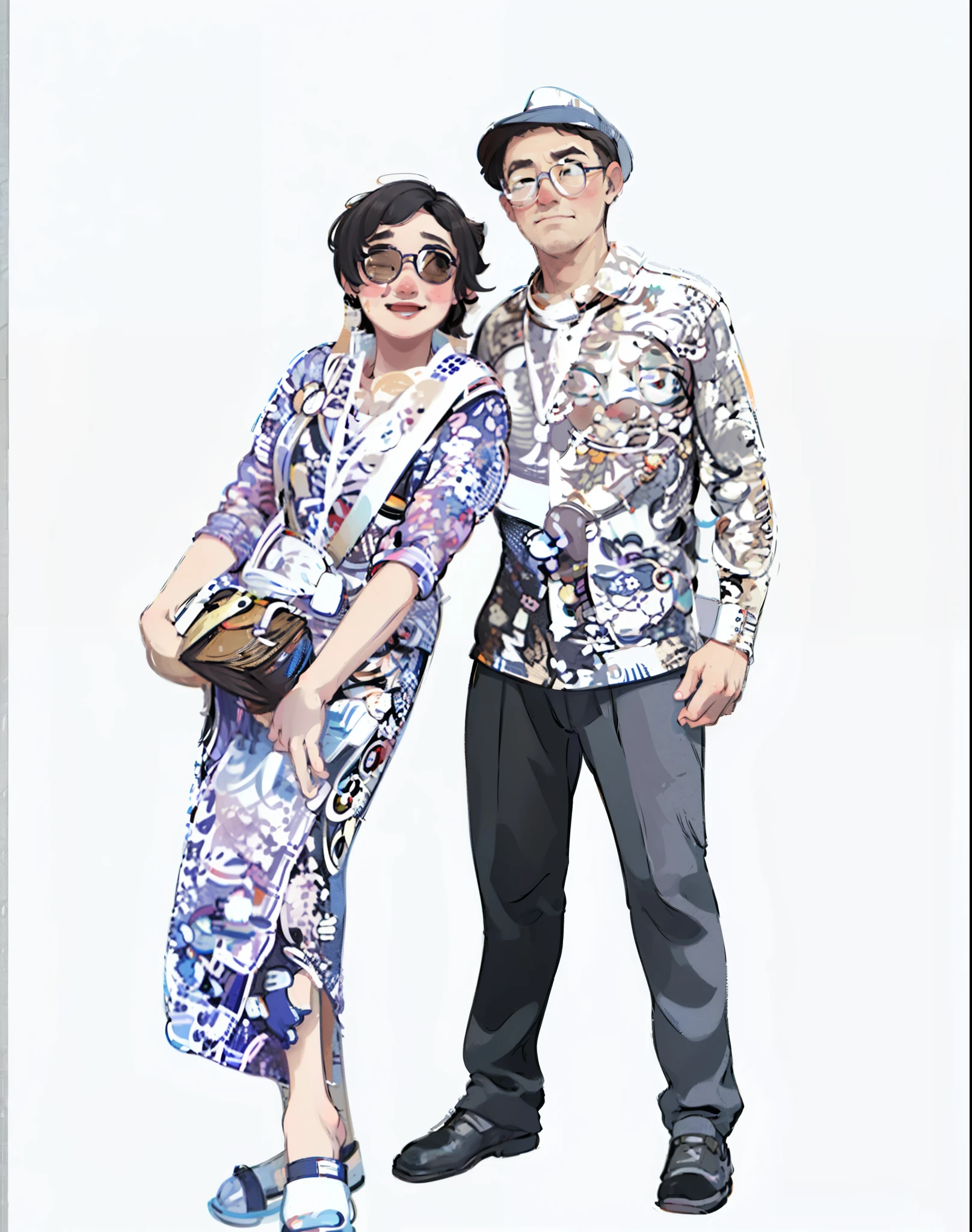 (masterpiece:1.2),illustration,lineart,high definition,texture,a man with eyes glasses andblack hat, a woman with sunglasses and hold a bag are smile,warm color palette,soft lighting,detailed pencil strokes,delicate outlines,distinct shadows,subtle shading,impeccable attention to detail,highly realistic,artistic touches,vibrant and lifelike rendering,professional-level skill,white isolated background,warm and inviting atmosphere,peaceful and relaxed expression,sophisticated and elegant aesthetics.