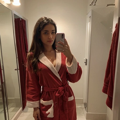 woman in red and white bathrobe, selfie from mirror