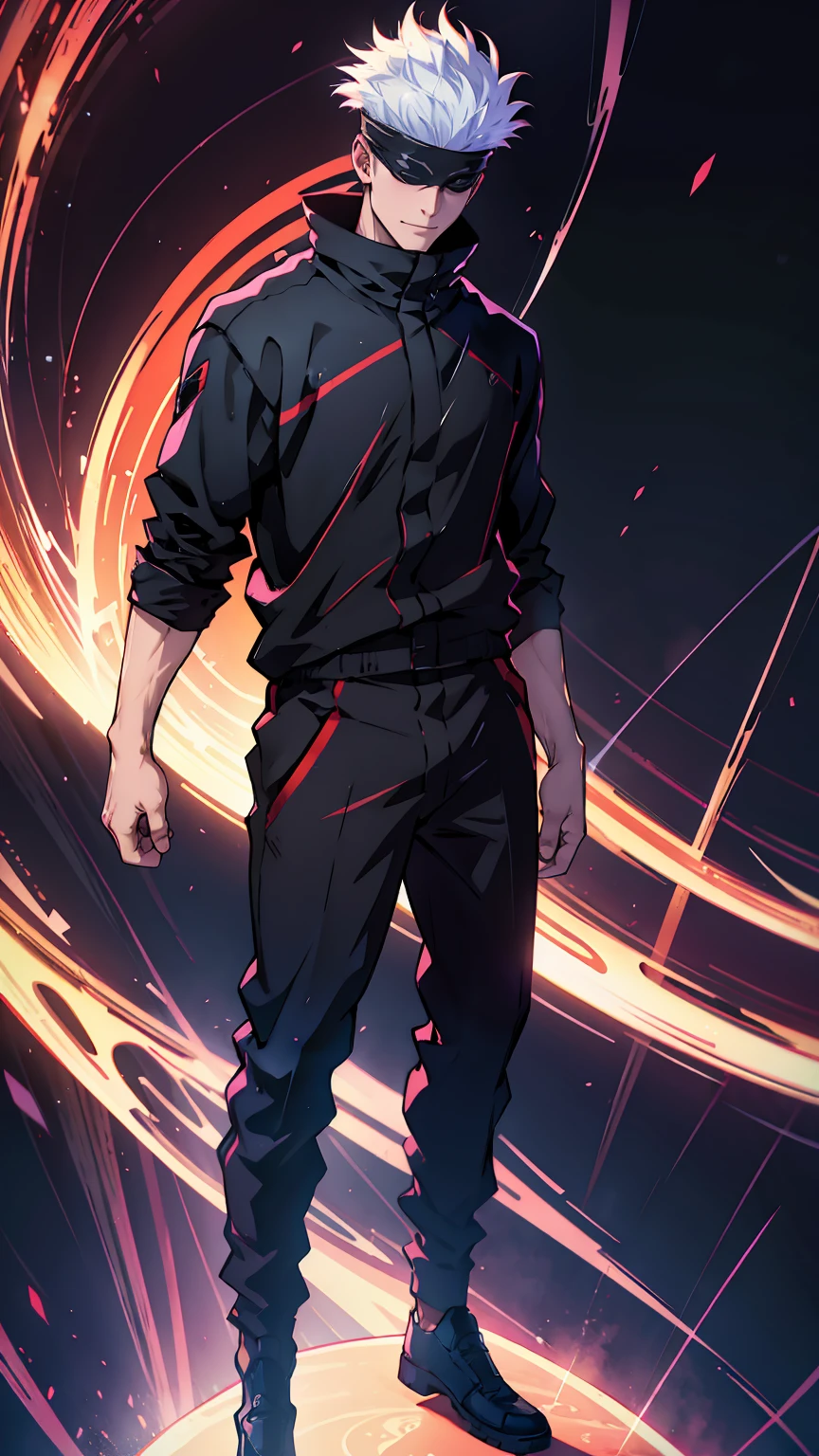 1boy, full body shot, satoru gojo, blindfold, black outfit, white hair, battle stand, red magic energy oid in right,blue magic energy void in left, smirk, red and blue aura background, wallpaper, cinematic,High resolution 8K, Bright light illumination, lens flare, sharpness, masterpiece, top-quality, The ultra -The high-definition, high resolution, extremely details CG, Anime style, Film Portrait Photography,