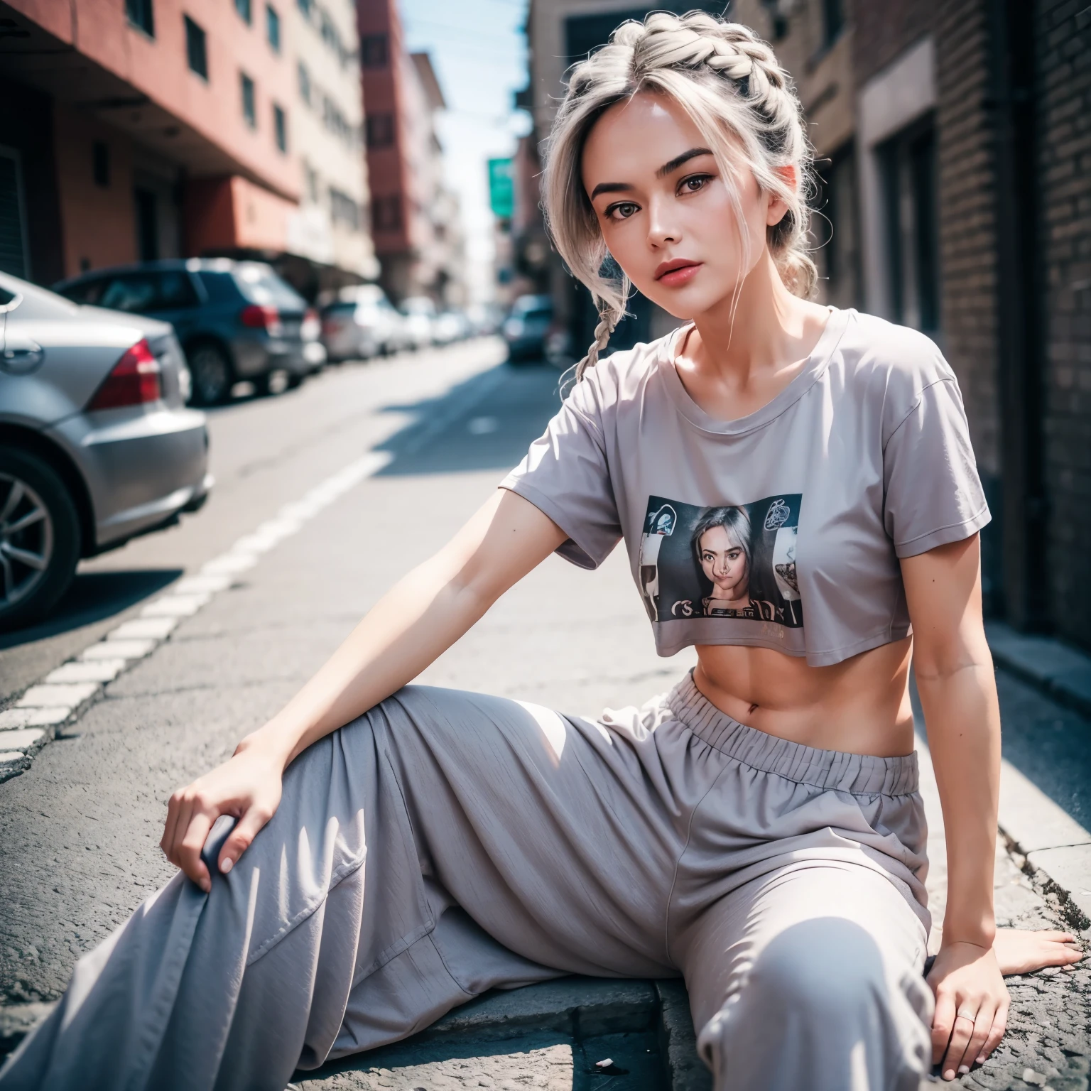 gorgeous cute Austrian girl,  (crop tshirt top), Steel gray hair loose braided hai, printed shirt, oversized jogger pants, posing sitting style on crowded street,  perfectly symmetrical face, detailed skin, vivid colours, HDR, hard shadows, art photography, soft focus, masterpiece, breathtaking, atmospheric perspective, diffusion, pore correlation, skin imperfections, 80mm Sigma f2, depth of field, intricate natural lighting