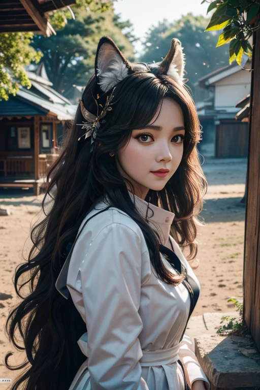 realistic ,masterpiece, best quality, girl, woman, highres, portrait, photo_light, {{}}, ulzzang-6500-v1.1:0.9, beast queen, wolf ears swishing tail