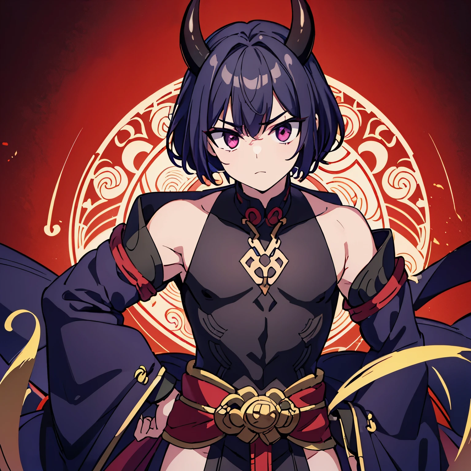 1boy((best quality)), ((masterpiece)), (detailed), perfect face1 boy;((best quality)), ((masterpiece)), (detailed), perfect face;shuten doji style; pretty face ; pretty boy, demon horns protruding out of forehead; black hair; lean physique; wearing tight sleevles shirt e; standing in front of viewer; arms are lean; black medium hair,male ; make him a male with a male chest