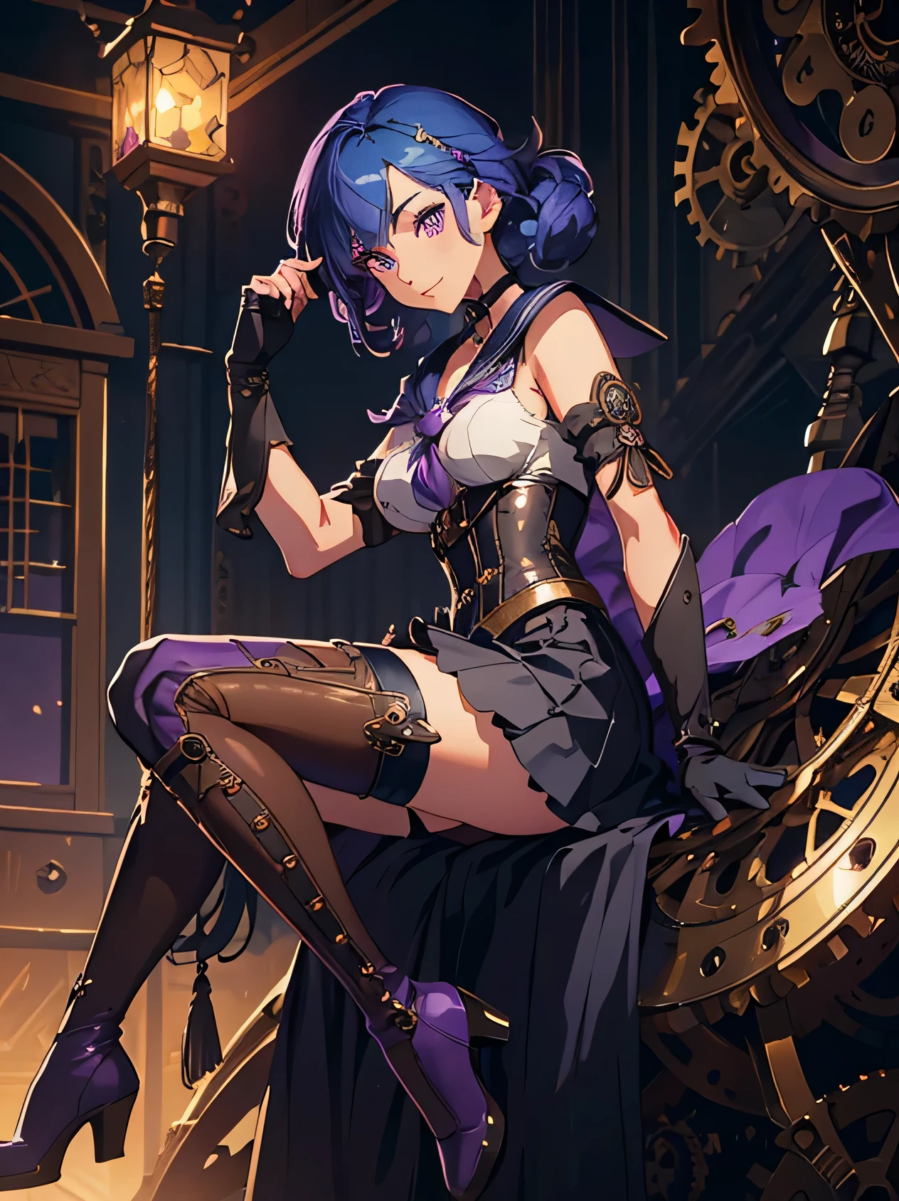 masterpiece, high quality, illustration, extremely detailed, steampunk town, wearing on street, 1_women, (bright blue hair), medium length hair, cute bangs, flowing hair, (exotic skin_complexion:1.4),mature, tall, beautiful, exotic, elegant, slim, (((sailor collar))), black thigh highs, choker, medium bust, (brown steampunk corset), black ****ta style skirt, knee high brown boots with laces, black elegant elbow gloves, diamond shaped eyes, (((purple eyes))), dark_eyeliner, long_eyelashes), natural dynamic lighting, smiling, happy, steampunk,