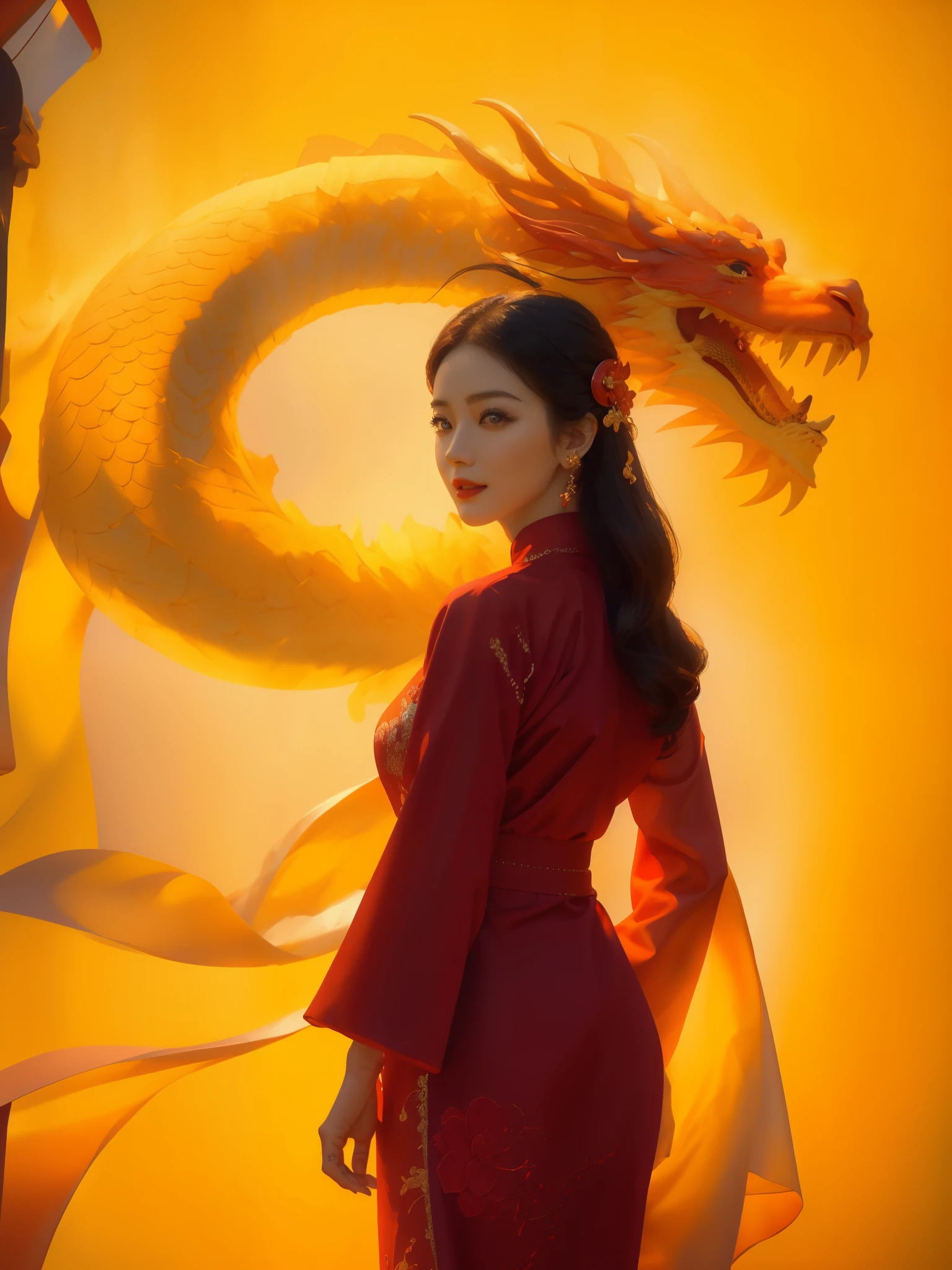 a woman in a AO DAI dress with a red DRAGON BEHIND, traditional VIETNAMESE clothing, like a poster , realistic , super detail, (best quality,4k,8k,highres,masterpiece:1.2),ultra-detailed,(realistic,photorealistic,photo-realistic:1.37),red backgrounand professionalism, the contrast between the yellow background and the red logo creates a visually captivating composition, the yellow backdrop symbolizes warmth, positivity, and energy, while the red logo represents power, passion, and creativity, the logo's vibrant color pops against the yellow background, creating a dynamic visual impact, the perfect balance between the two colors draws viewers in and leaves a lasting impression, the lighting is soft and even, illuminating the 