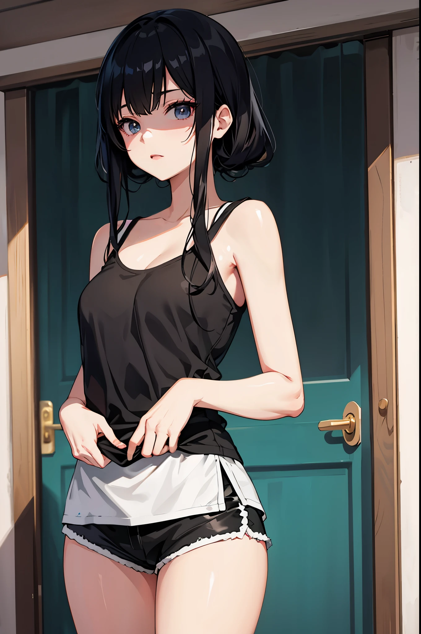 Anime girl wearing black and white clothing standing in front of the door, gloomy，dark circles，messy hair，shorts，sick