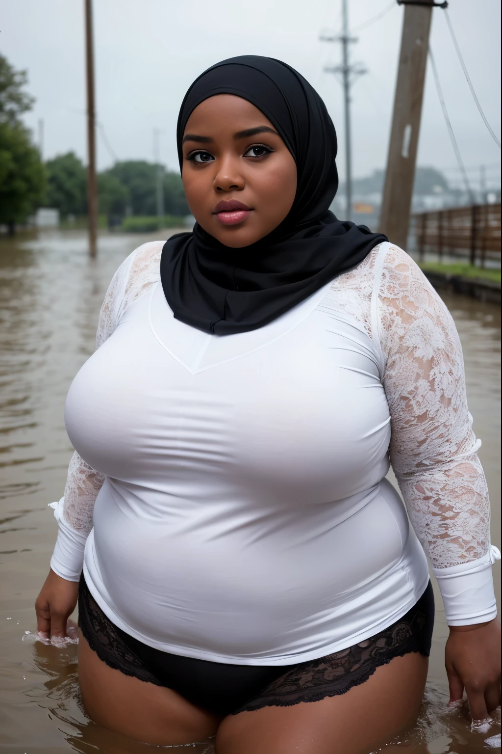 Dark skin Hijab girl chubby bbw, white lace, Playing in deep flood water, Big and wide back