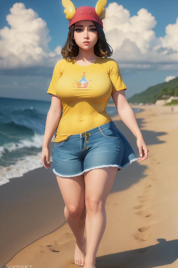 (4k, best quality, masterpiece:1.2), (realistic, photo-realistic:1.37),skye , standing on a beach, , , yellow long shirt, blue eyes , thick things, aroused, horny, barefoot, 
