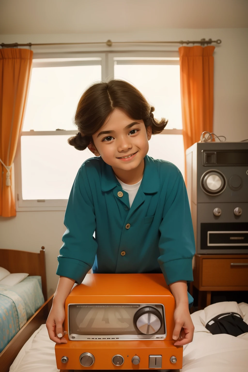 1972, Manhasset, New York. Otherworldly scene in a small bedroom, ((((7-year-old)) J.R. Moehringer)), irish boy, listening to a small radio, ((smiling expression)), ((((casual clothing from the 1970s)))), ((Hairstyle of the 1970s)), ((Wes Anderson cinematic style)), colorful