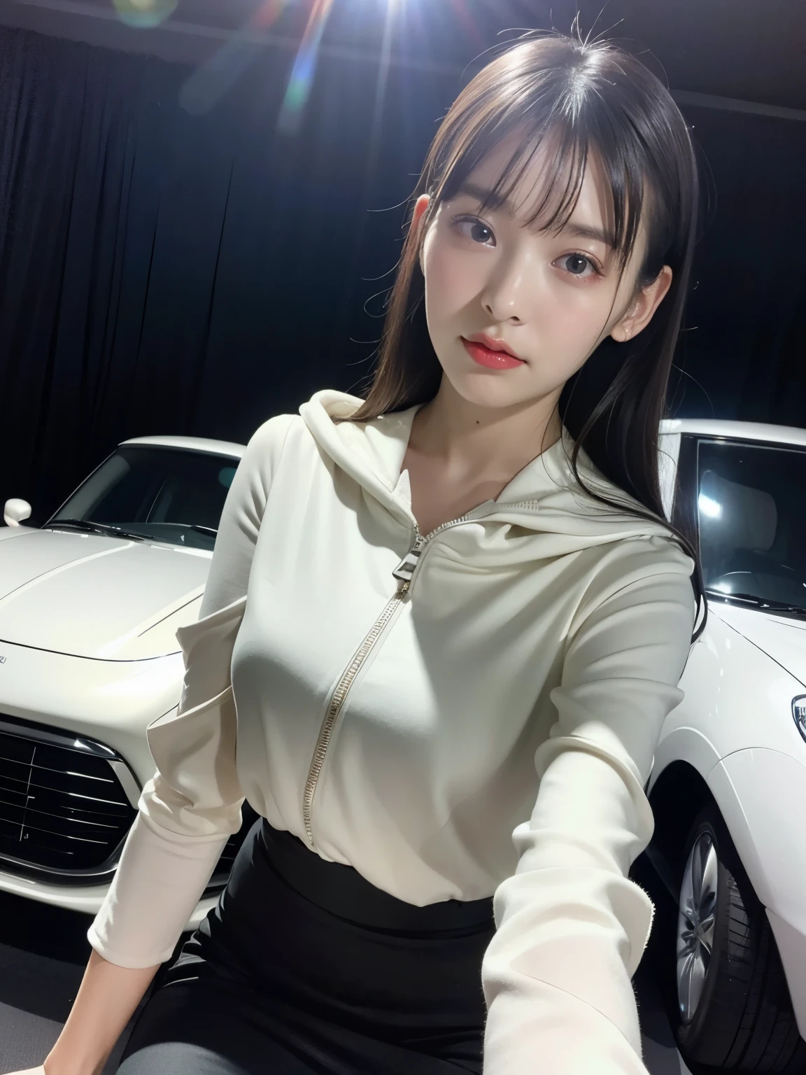 8K quality, masterpiece, live action, realistic human feel, realistic skin texture, natural skin, big tits, empty dimly lit warehouse, long silky straight black hair, (ruffled white blouse and pencil skirt with black micro mini zipper), glowing skin, with bangs, micro mini skirt Japanese woman in dress (sitting on hood of car!) One leg on hood of car, (panties just slightly visible), raytracing, cinematic lighting, backlit lighting