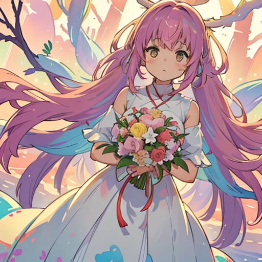 girl、provide large watercolor dyes、large colorful bouquet、amazing dynamism、amazing angle、A buoyant pastel sandstorm、(((A lot of gentle oversized cotton is closely connected and pushing)))、((surround each other'branching rainbow pod))、Joy