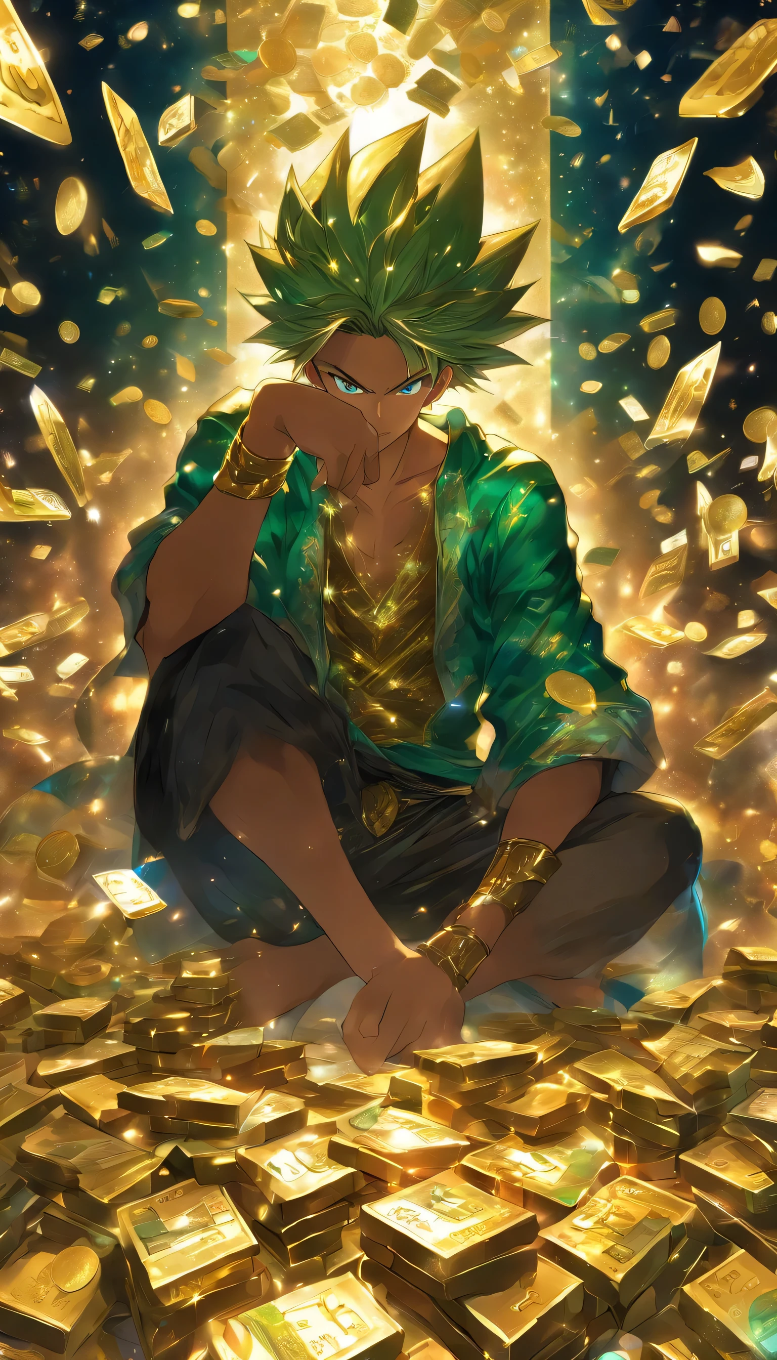 A young man sitting in front of a computer, holding a credit card in his hand, with a determined look on his face as he gazes at the game character on the screen. Piles of money and gold coins surround him, and sparkling jewels are scattered on the table. ,in the style of the stars art group xing xing, 32k, best quality, masterpiece, super detail, high details