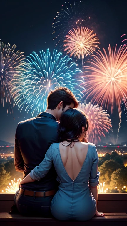 from behind,Above is a bright sky with colorful fireworks, and below is a silhouette of a woman leaning against a man's shoulder. The two sit in a beautiful garden,masterpiece,best quality,8k,realistic,solo