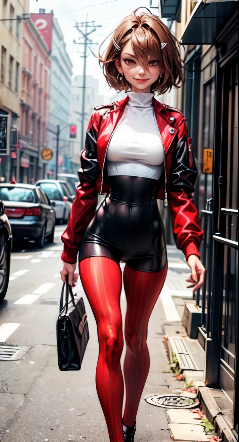 (masterpiece, sidelighting, finely detailed red eyes: 1.2), ((best quality)), ((masterpiece)), (highly detailed:1.3), anime, female, bodytight shirt, turtleneck, open jacket with long sleeves, body tight shorts, pale skin, (shadowed eyes, darkened eyes), (smirk, mischevious grin), (short-medium hair, brown hair, messy haircut, hair between eyes, hairclips on left side), ((red stripped tights with black lines)), earrings, red tattoo on left hand, hands behind back, scar on left hip, solo, 1girl, walking down the street,