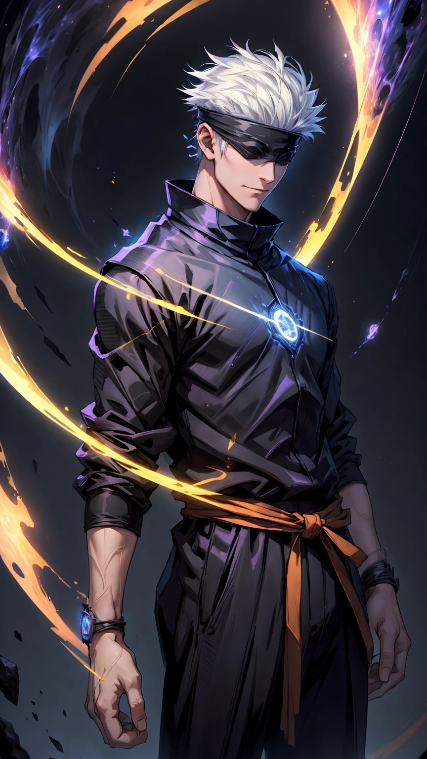 1boy, full body shot, satoru gojo, blindfold, black outfit, white hair, battle stand, red magic energy oid in right,blue magic energy void in left, smirk, red and blue aura background, wallpaper, cinematic,High resolution 8K, Bright light illumination, lens flare, sharpness, masterpiece, top-quality, The ultra -The high-definition, high resolution, extremely details CG, Anime style, Film Portrait Photography,